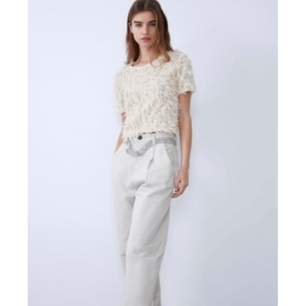 Zara Fringe Textured Cream Shirt Top Small